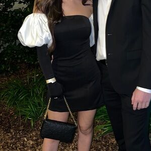 MISCREANTS BLACK SCUBA CUPID DRESS. WHITE PUFFS